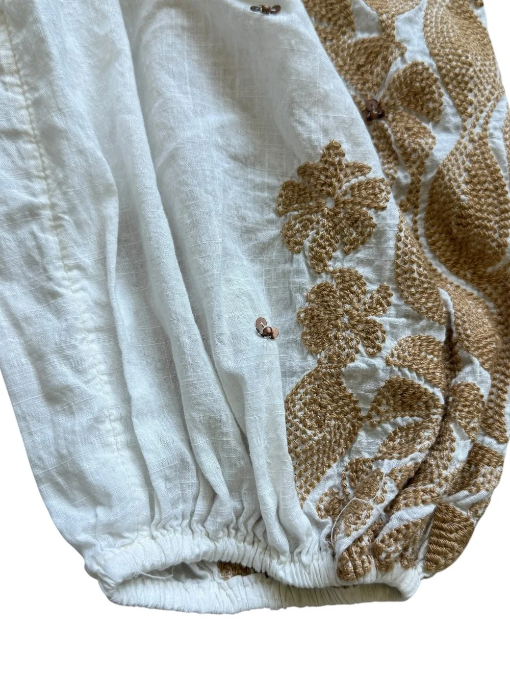Anthropologie Embroidered Smocked Puff Sleeve Blouse M Petite Boho Romantic